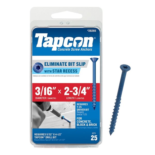 Tapcon Tapcon Concrete Screw, 3/16" Dia., Flat, 2 3/4 in L, Climaseal Coated, 25 PK 28265